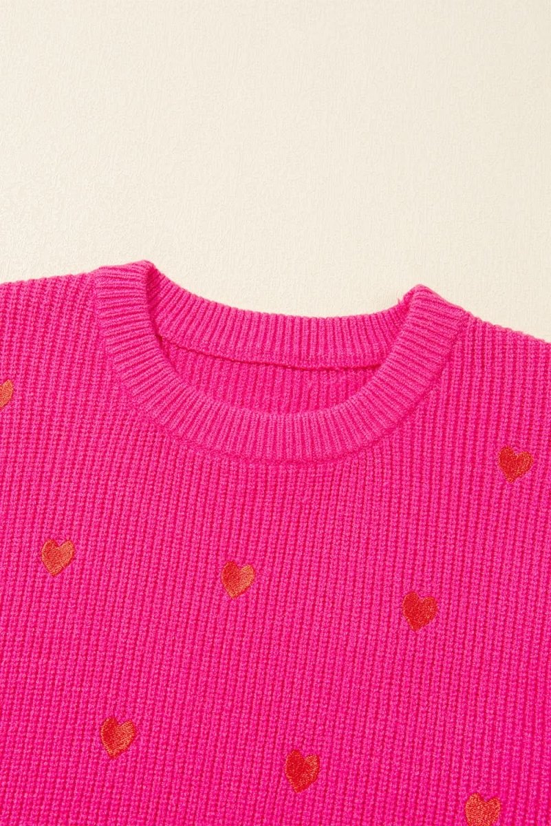 Rose Red Heart Shape Drop Shoulder Round Neck Sweater - Love Salve
